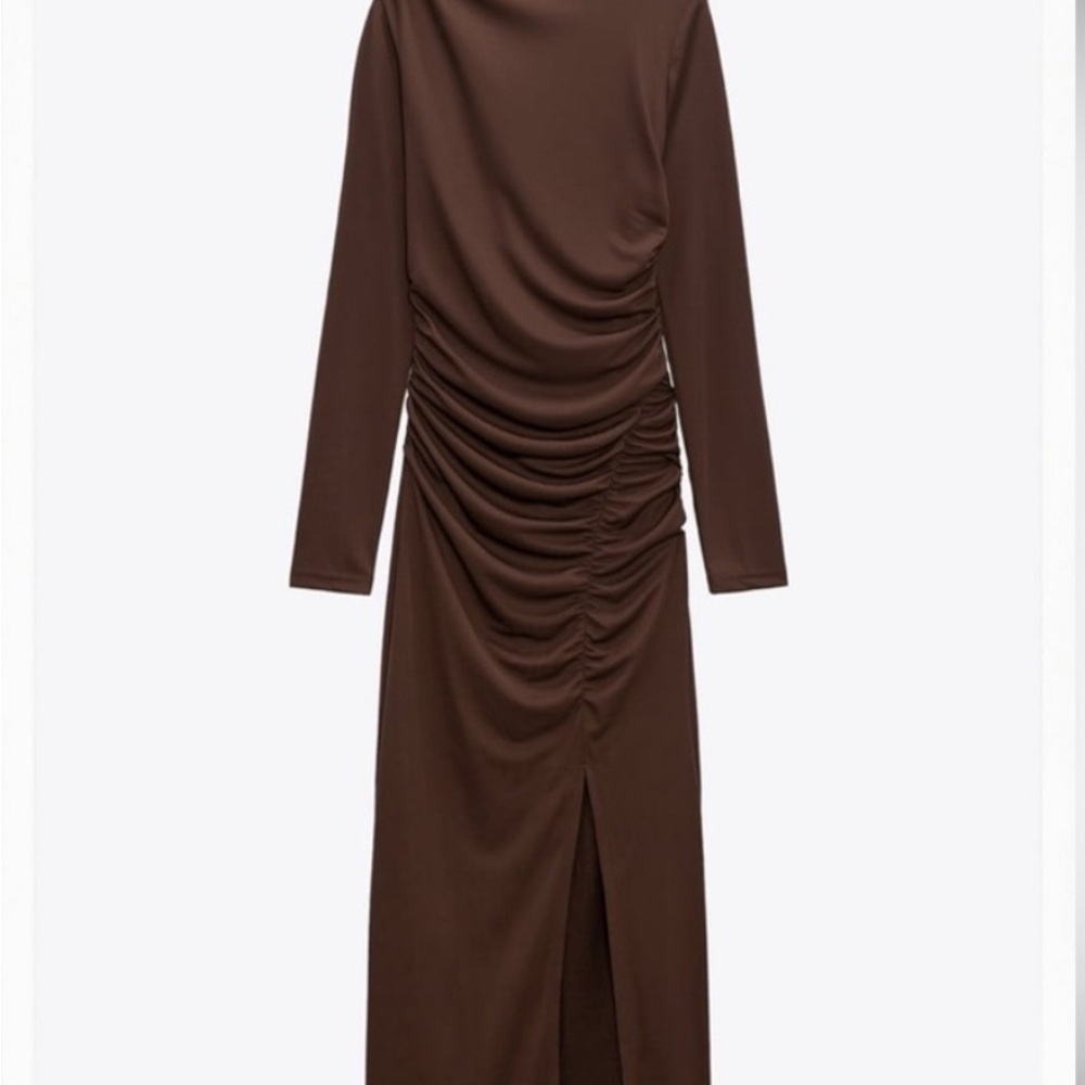 Zara Women’s Elegant Brown Long Sleeve Bodycon Midi Dress